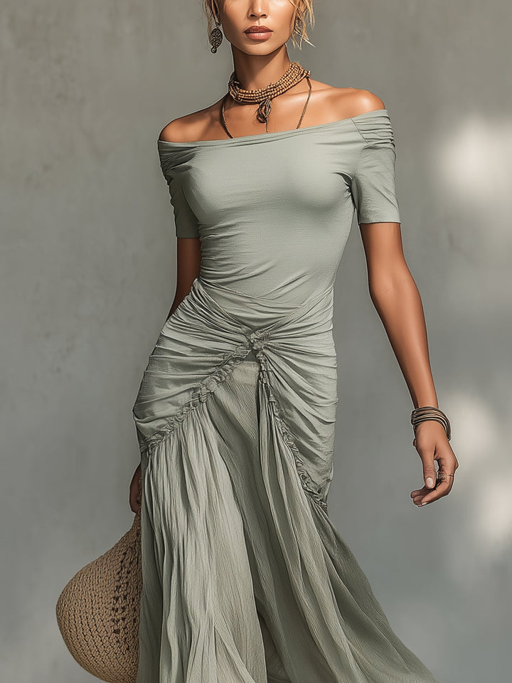 Robe longue grise en tissu extensible et mousseline