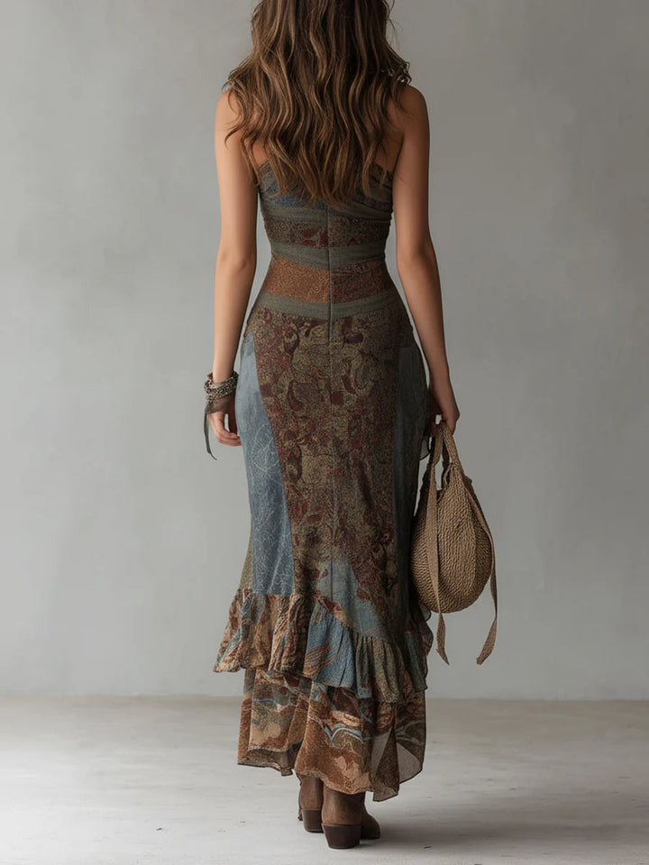 Robe longue imprimée asymétrique à fente haute