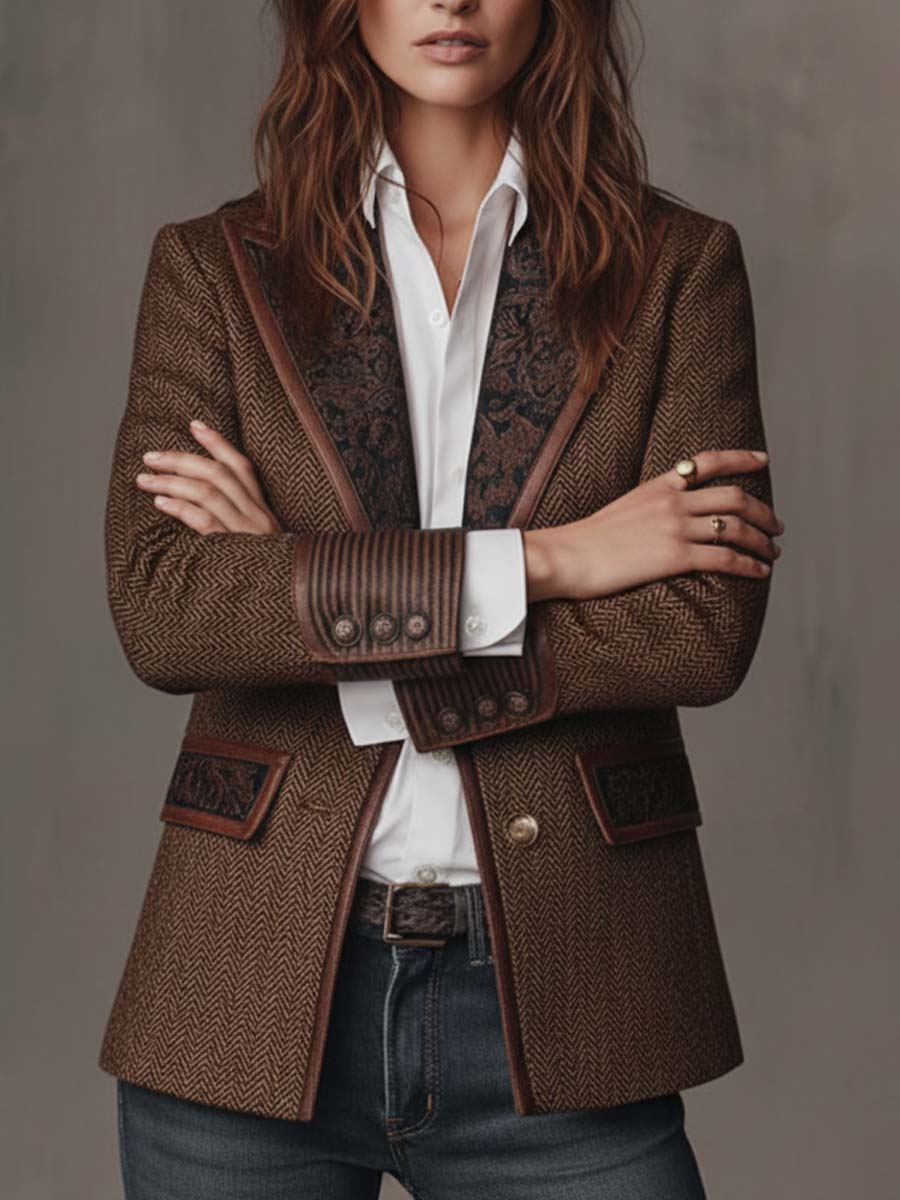 Blazer à chevrons et empiècements imprimés