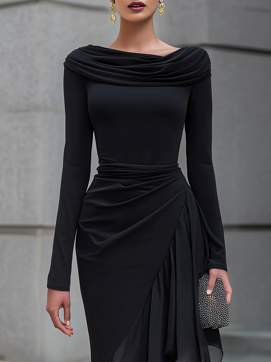 Robe longue noire à épaules dénudées et volants en mousseline