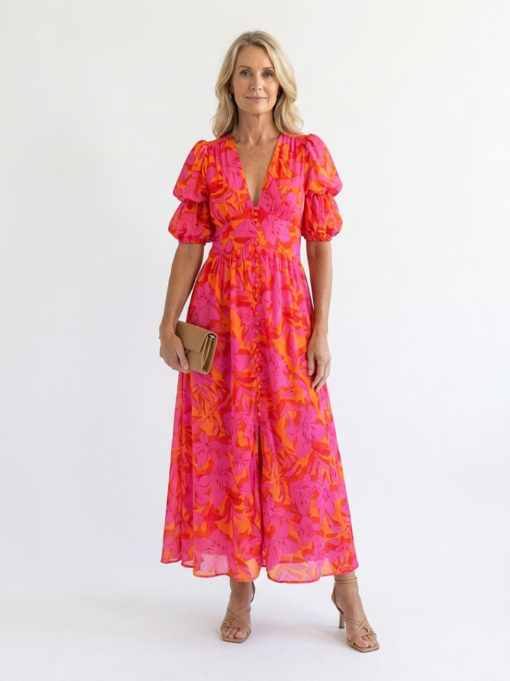 Robe midi fleurie à manches bouffantes