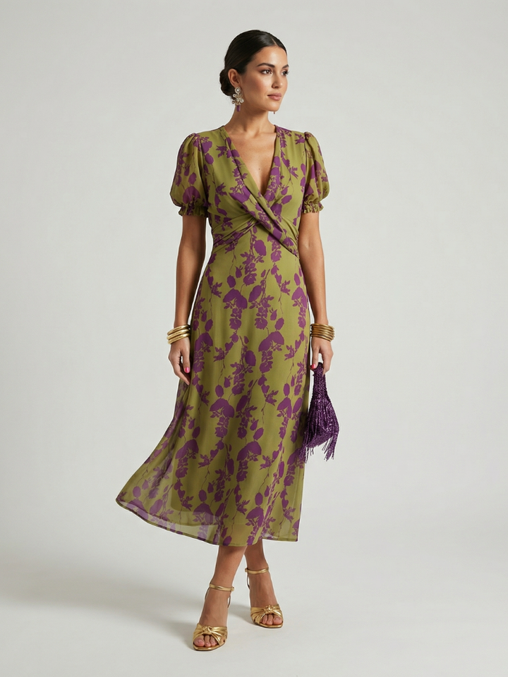 Robe midi fleurie à coupe portefeuille