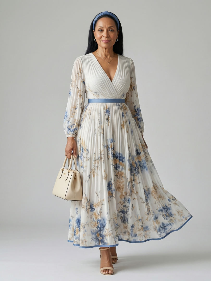 Robe midi plissée à effet portefeuille
