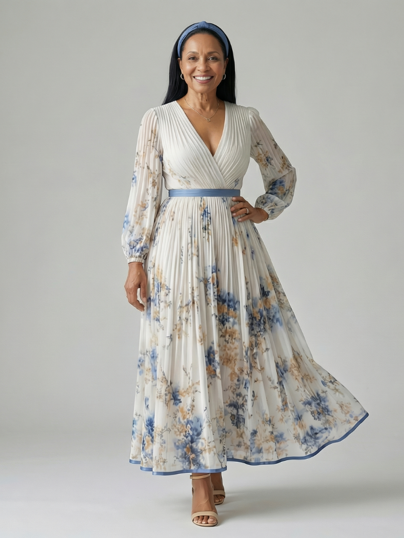 Robe midi plissée à effet portefeuille