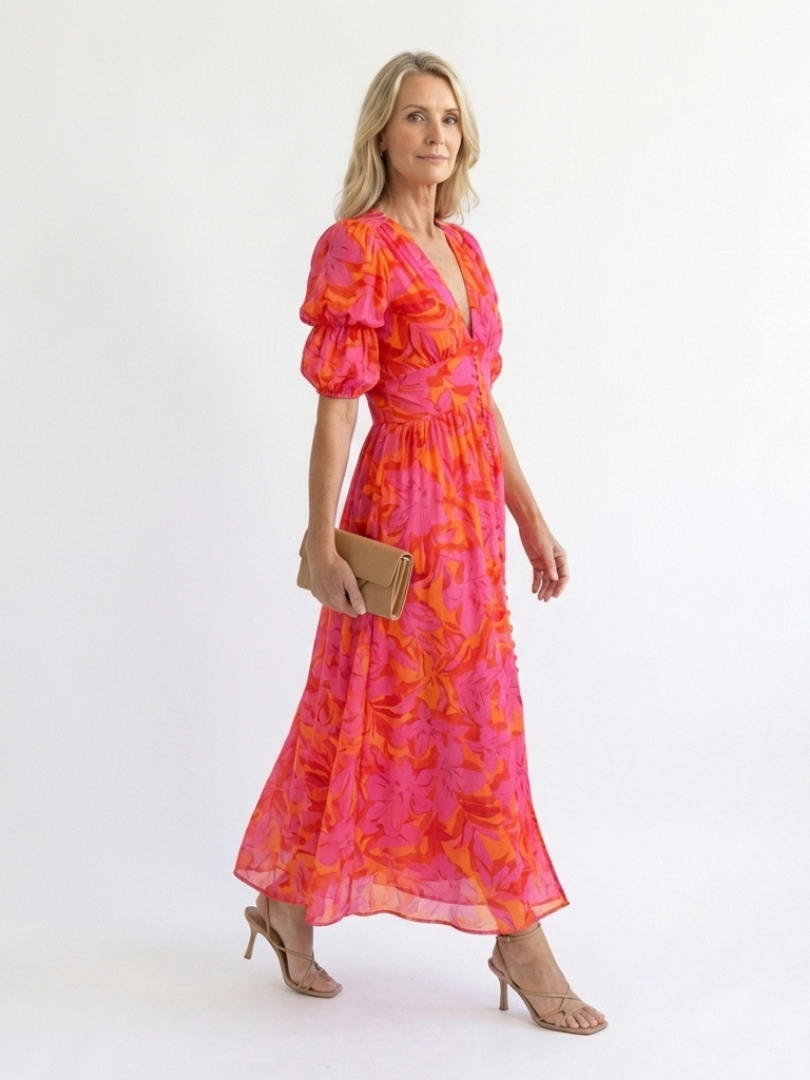 Robe midi fleurie à manches bouffantes