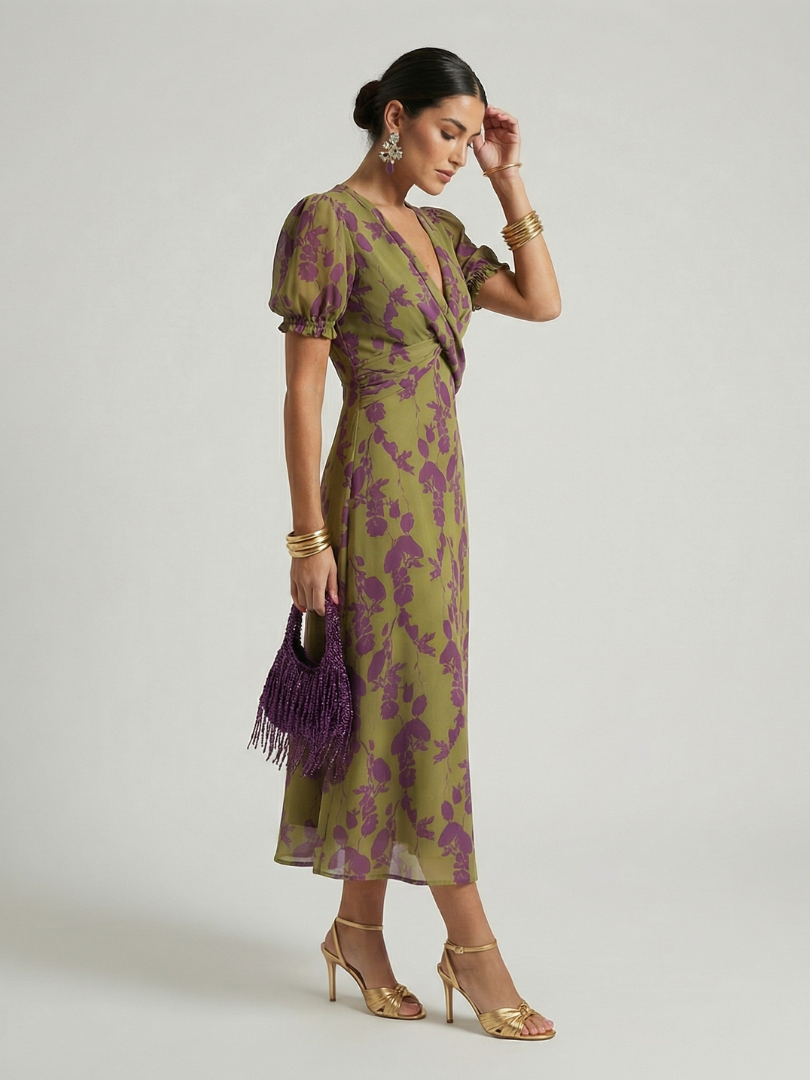Robe midi fleurie à coupe portefeuille
