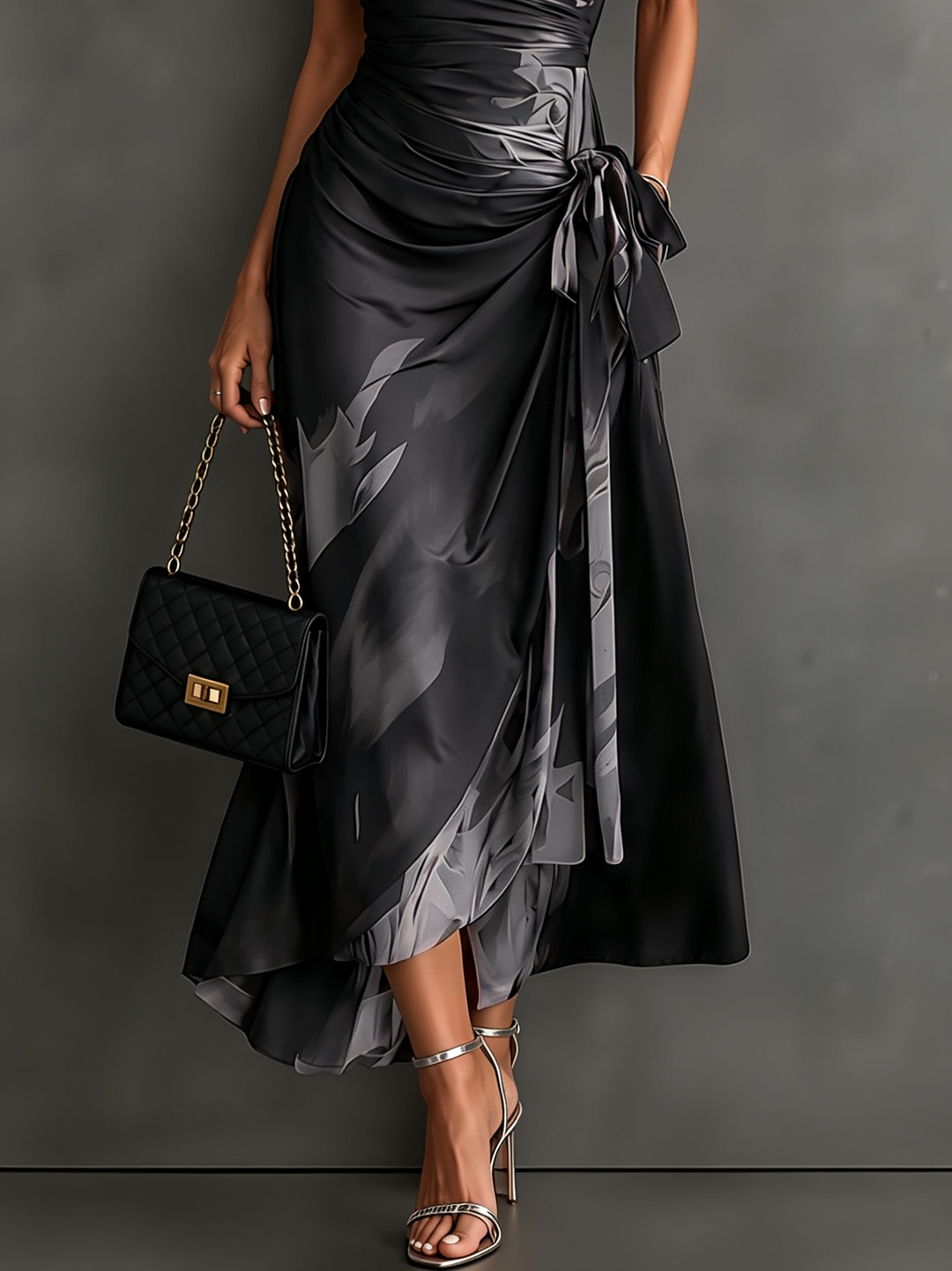 Robe midi portefeuille à imprimé abstrait rouge et noir