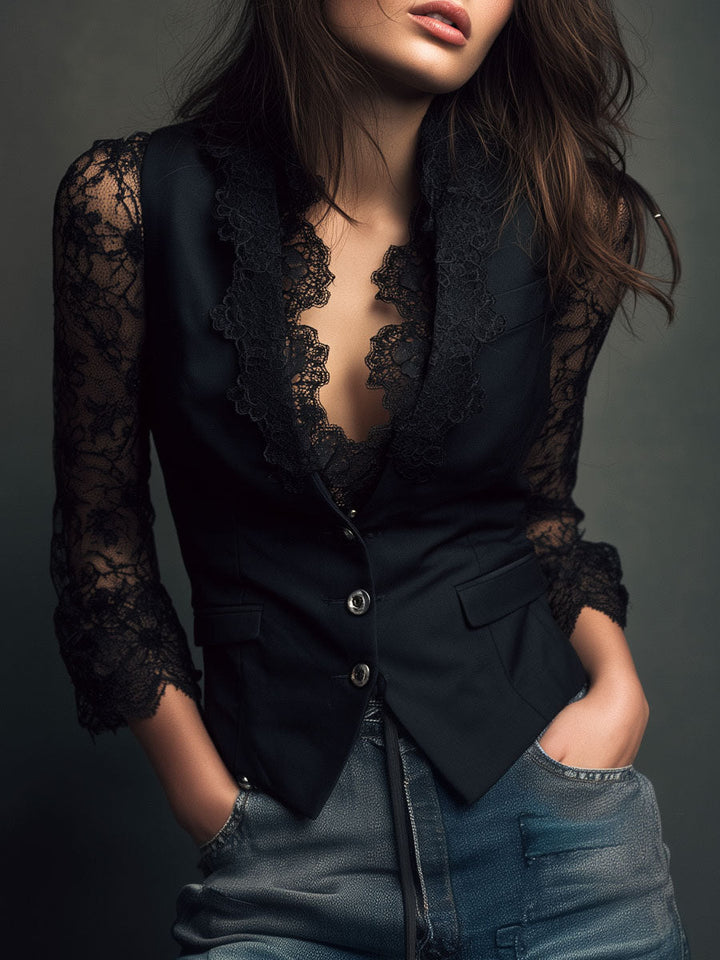 Blazer noir à manches semi-transparentes