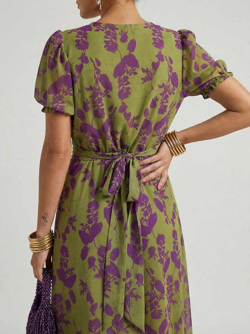 Robe midi fleurie à coupe portefeuille