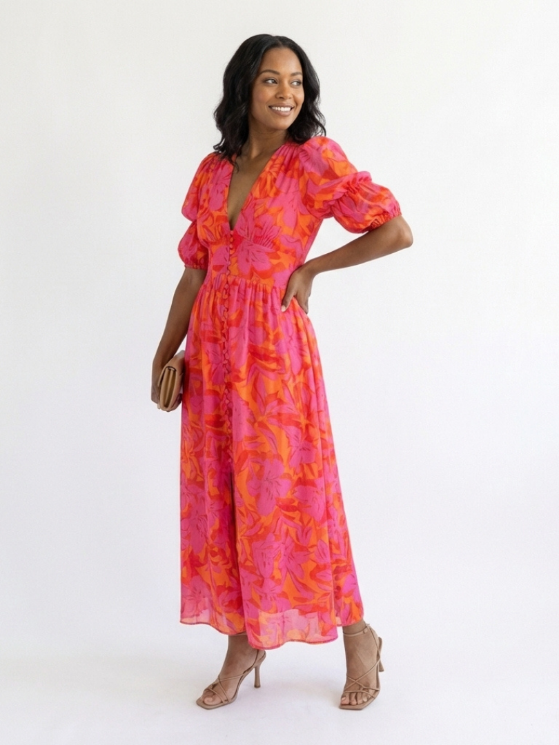 Robe midi fleurie à manches bouffantes
