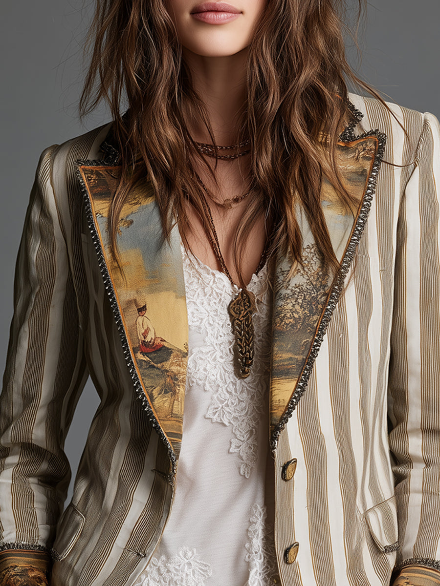 Blazer rayé bohème à col imprimé