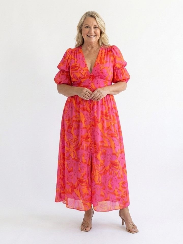 Robe midi fleurie à manches bouffantes