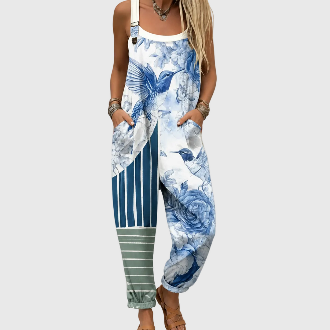 Salopette bleu azur à motifs de jardin