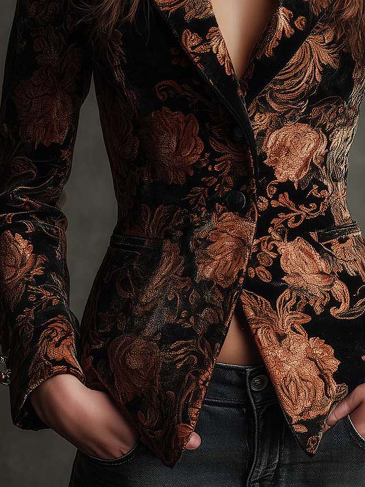 Blazer noir à imprimé floral bronze
