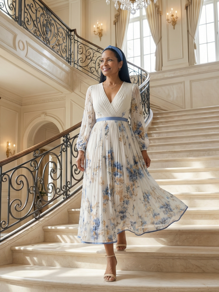Robe midi plissée à effet portefeuille