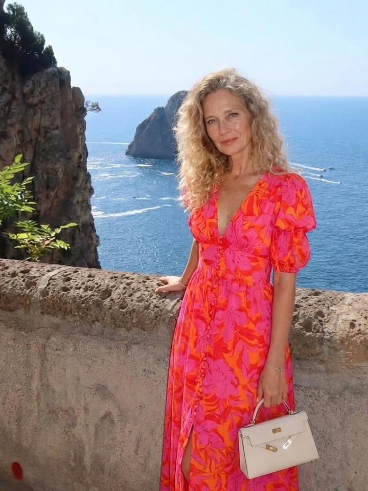 Robe midi fleurie à manches bouffantes