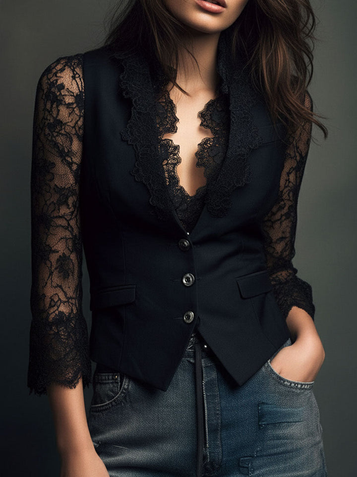 Blazer noir à manches semi-transparentes
