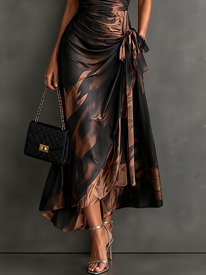 Robe midi portefeuille à imprimé abstrait marron et noir