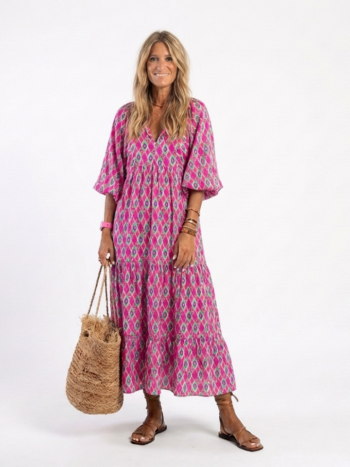 Robe midi imprimée à manches trois-quarts