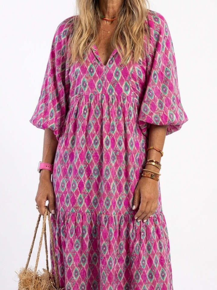 Robe midi imprimée à manches trois-quarts