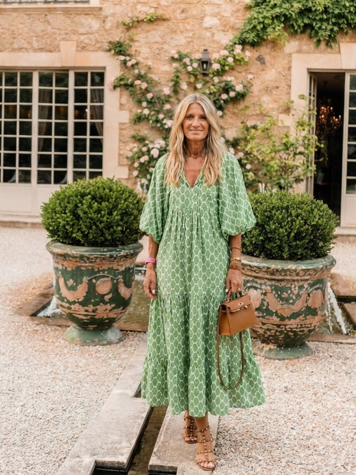 Robe midi imprimée à manches trois-quarts