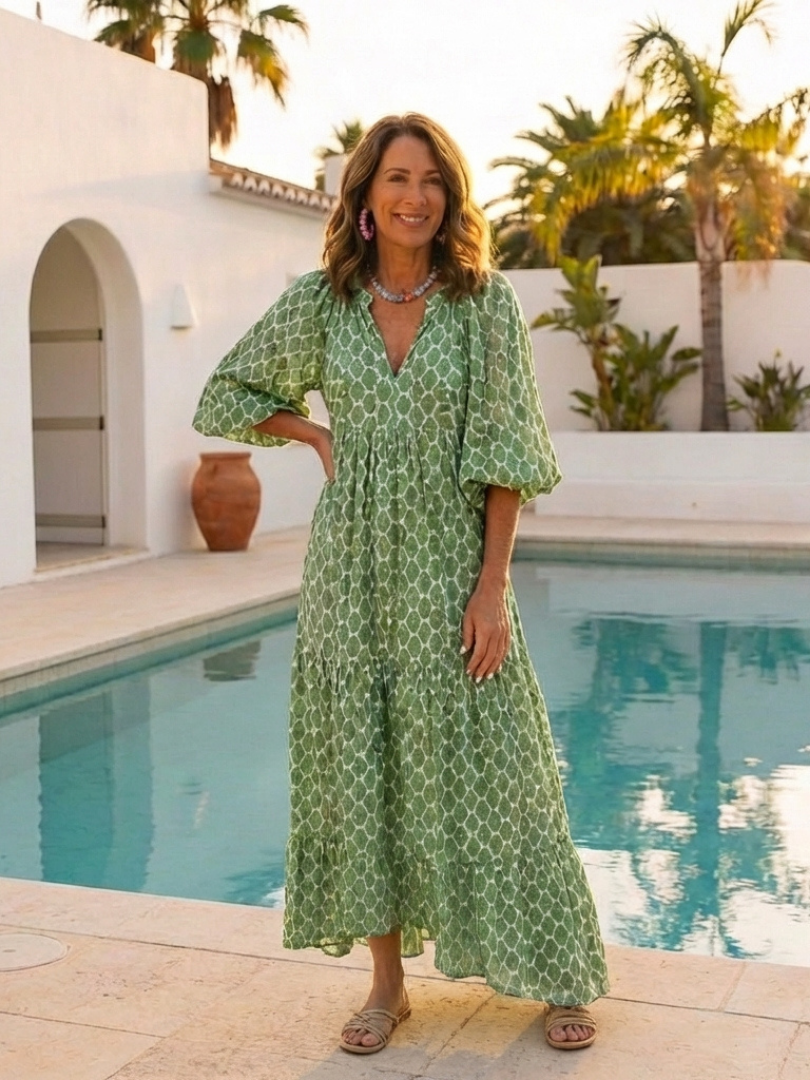 Robe midi imprimée à manches trois-quarts