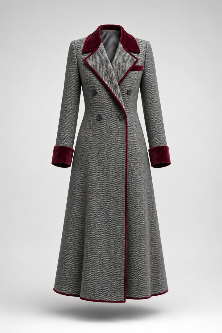 Héritage | Manteau long à chevrons et finitions veloutées