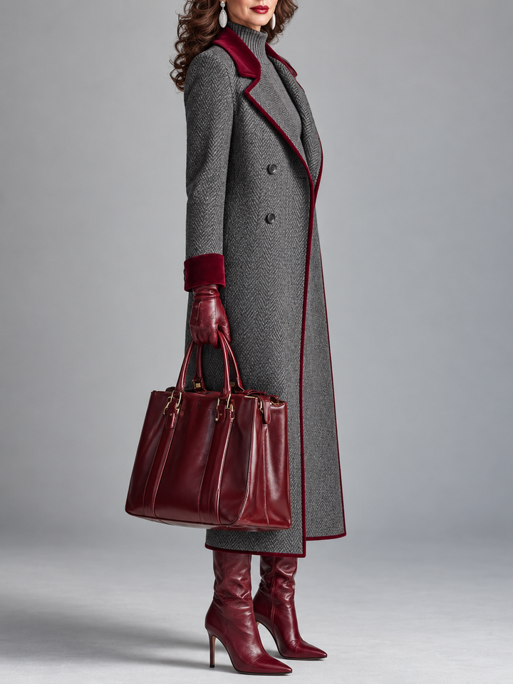 Héritage | Manteau long à chevrons et finitions veloutées