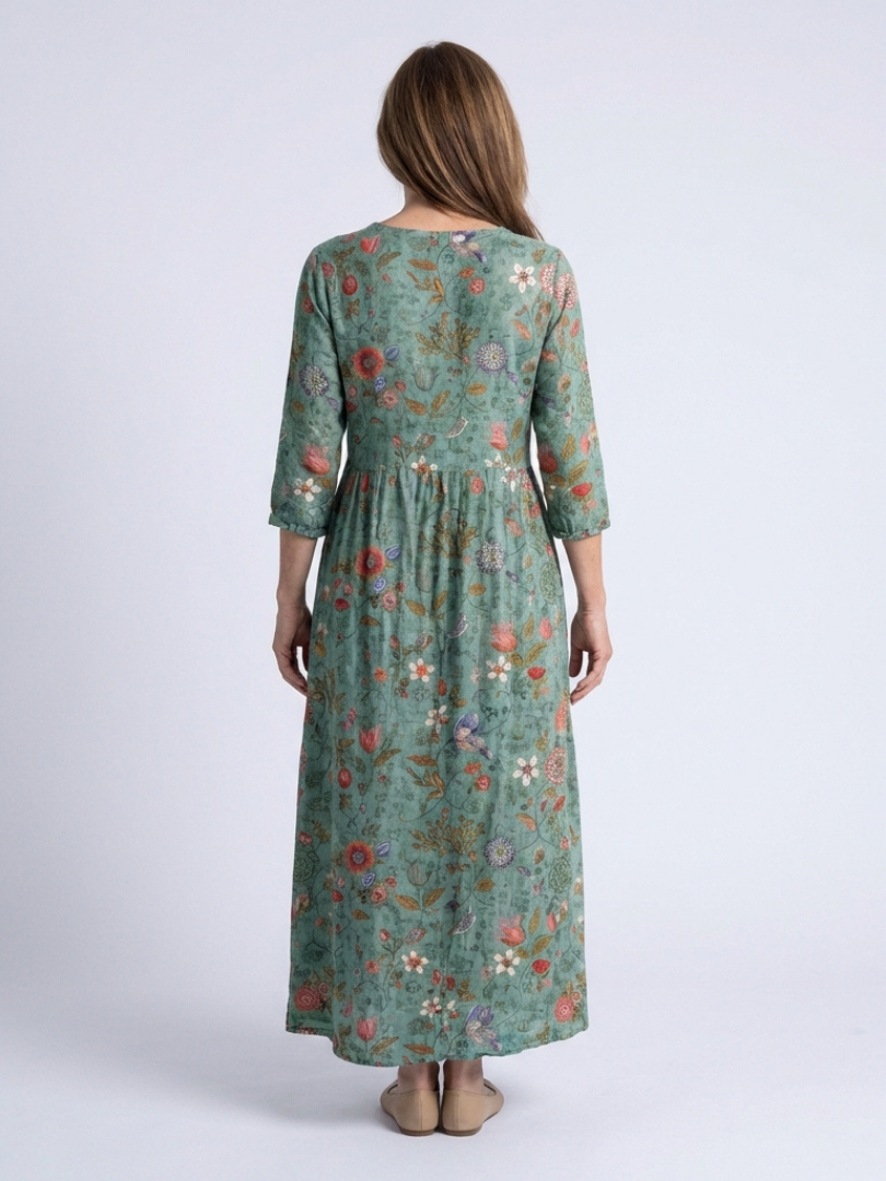Robe longue fleurie à manches trois-quarts
