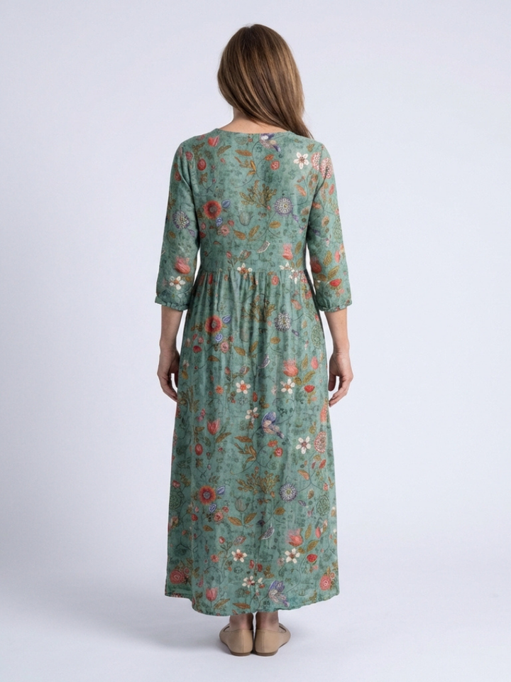 Robe longue fleurie à manches trois-quarts