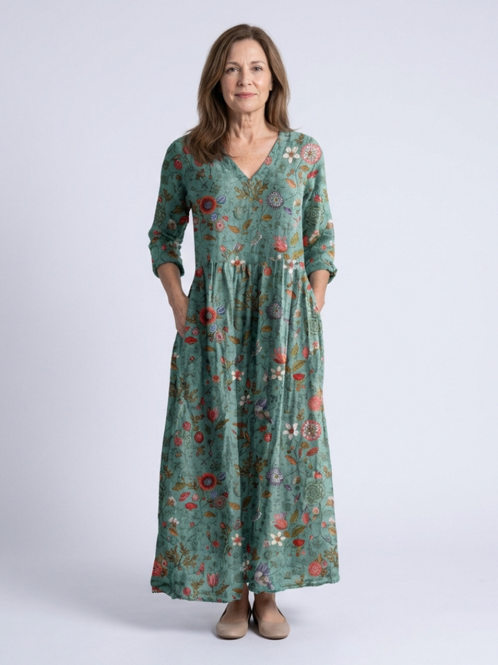 Robe longue fleurie à manches trois-quarts