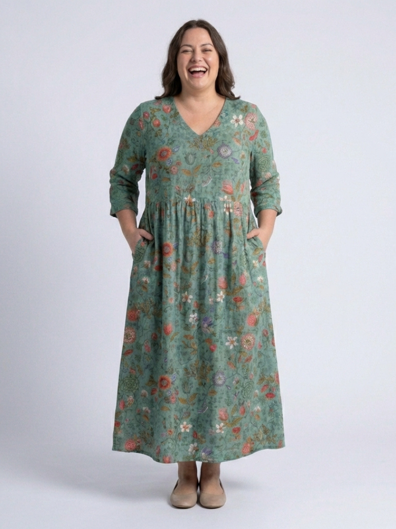Robe longue fleurie à manches trois-quarts