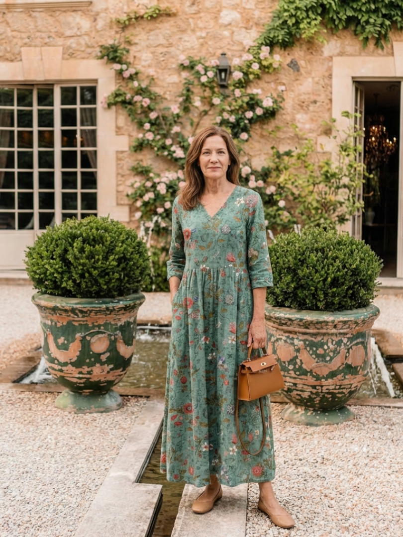 Robe longue fleurie à manches trois-quarts