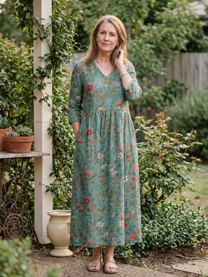 Robe longue fleurie à manches trois-quarts