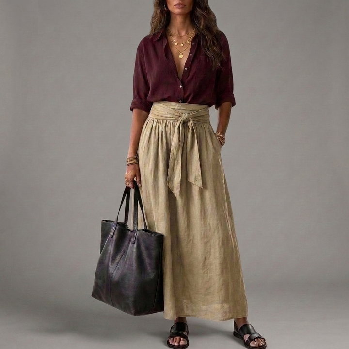Sahara | Ensemble blouse noire et jupe midi kaki
