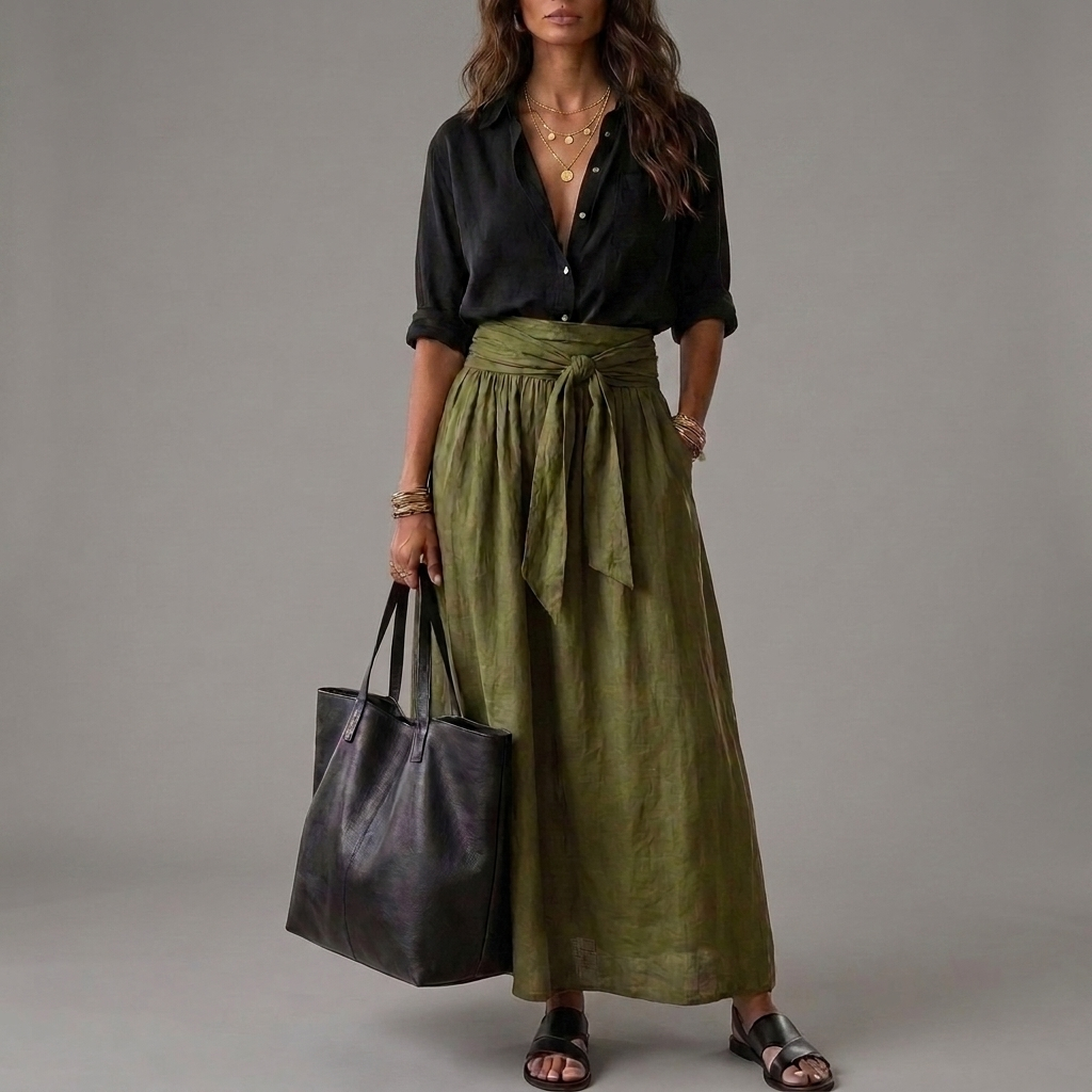 Sahara | Ensemble blouse noire et jupe midi kaki