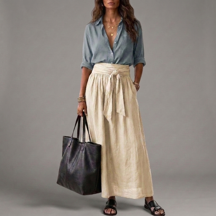 Sahara | Ensemble blouse noire et jupe midi kaki