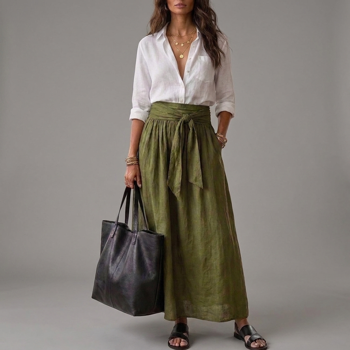 Sahara | Ensemble blouse noire et jupe midi kaki