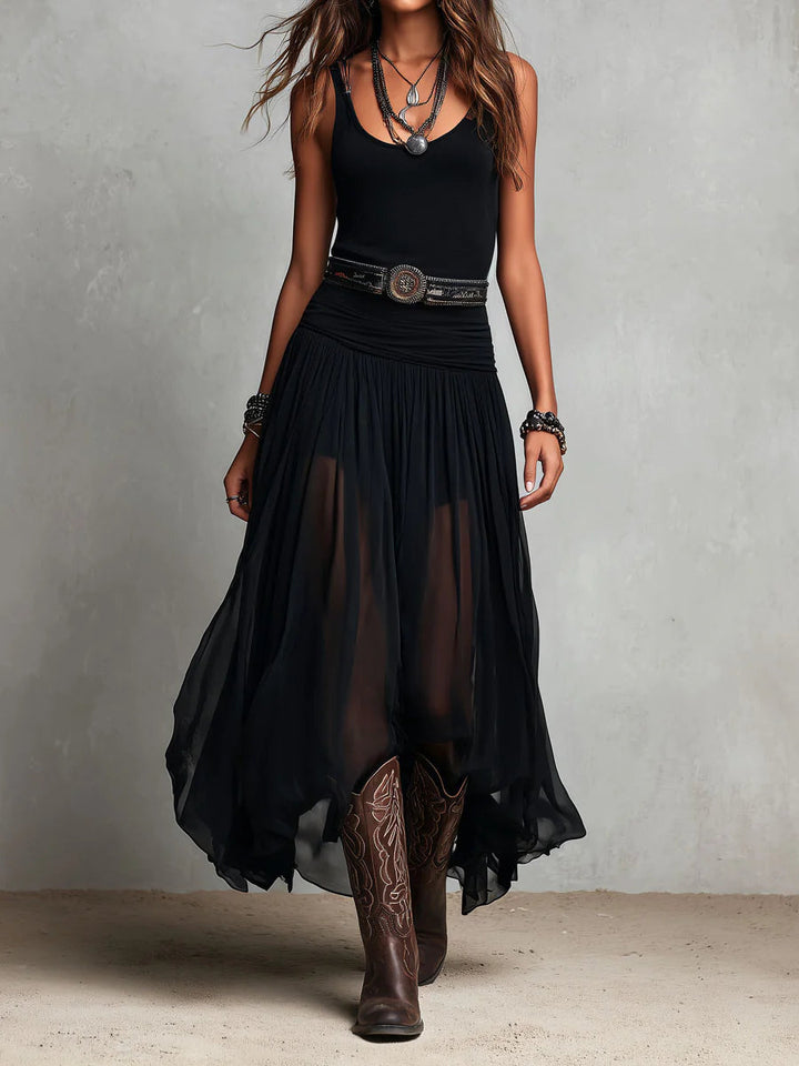 Robe longue noire sans manches à jupe en tulle