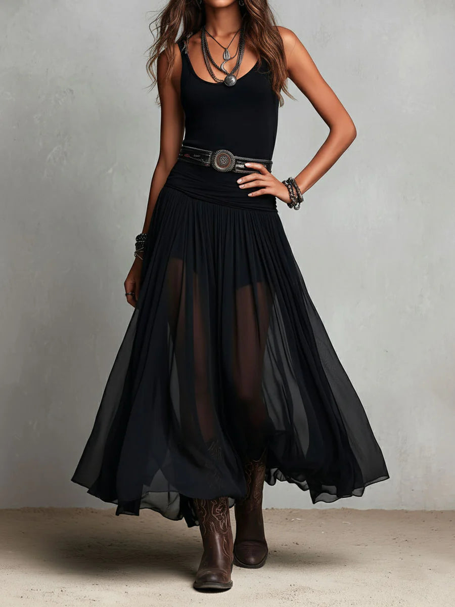 Robe longue noire sans manches à jupe en tulle
