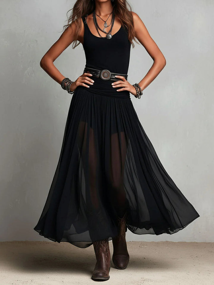 Robe longue noire sans manches à jupe en tulle