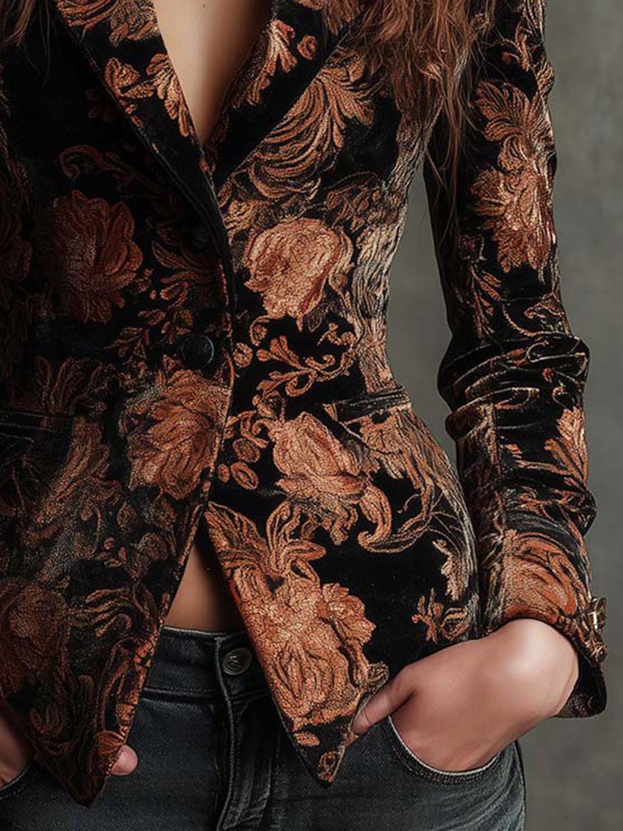 Blazer noir à imprimé floral bronze