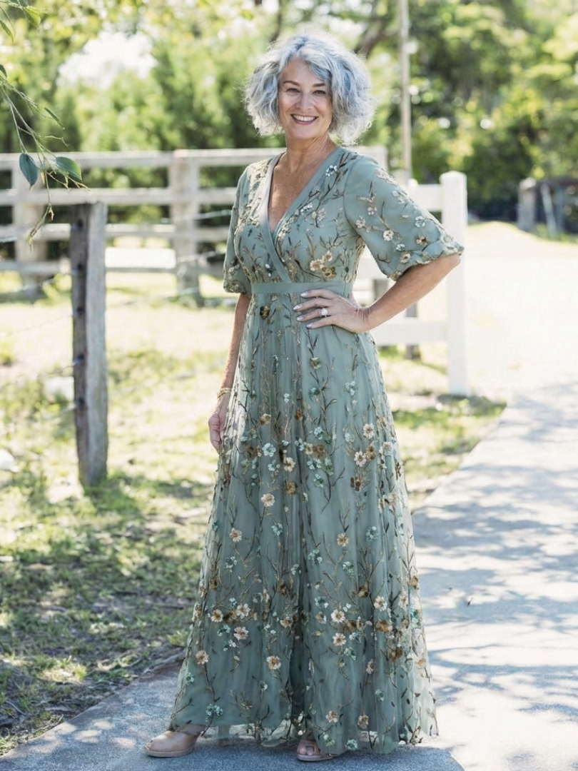 Robe longue fleurie à manches courtes
