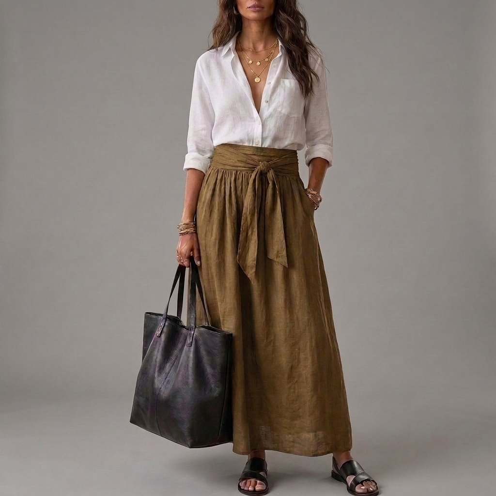 Sahara | Ensemble blouse noire et jupe midi kaki