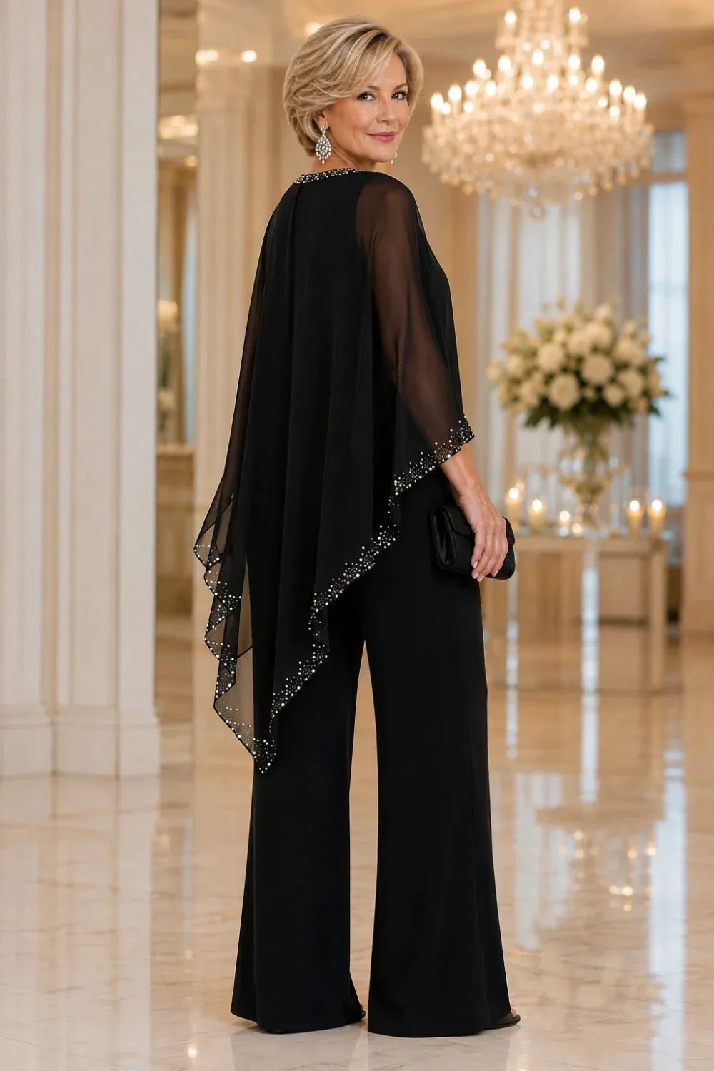 Ensemble pantalon large avec cape en mousseline perlée