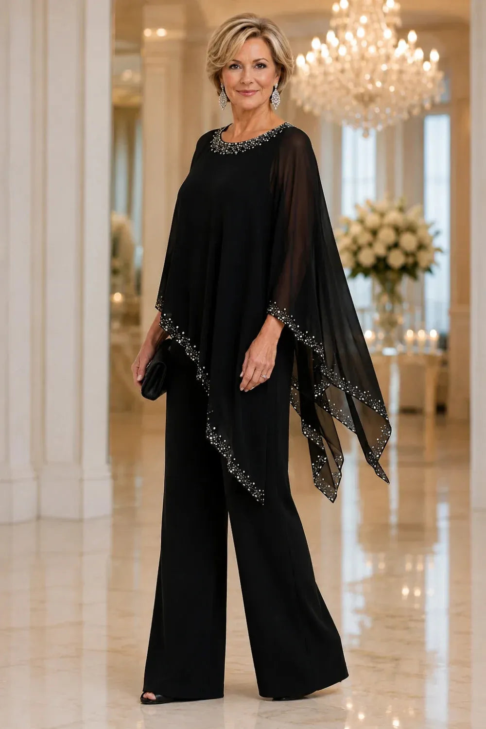 Ensemble pantalon large avec cape en mousseline perlée