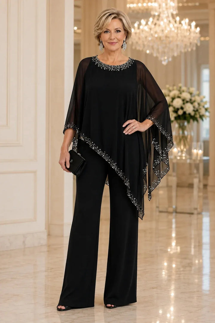 Ensemble pantalon large avec cape en mousseline perlée