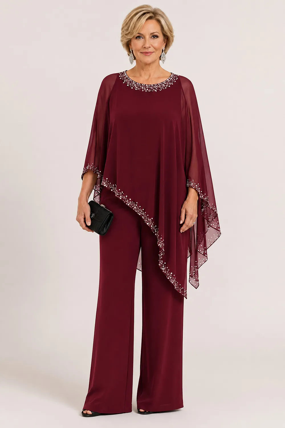Ensemble pantalon large avec cape en mousseline perlée