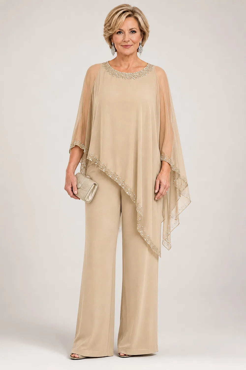 Ensemble pantalon large avec cape en mousseline perlée