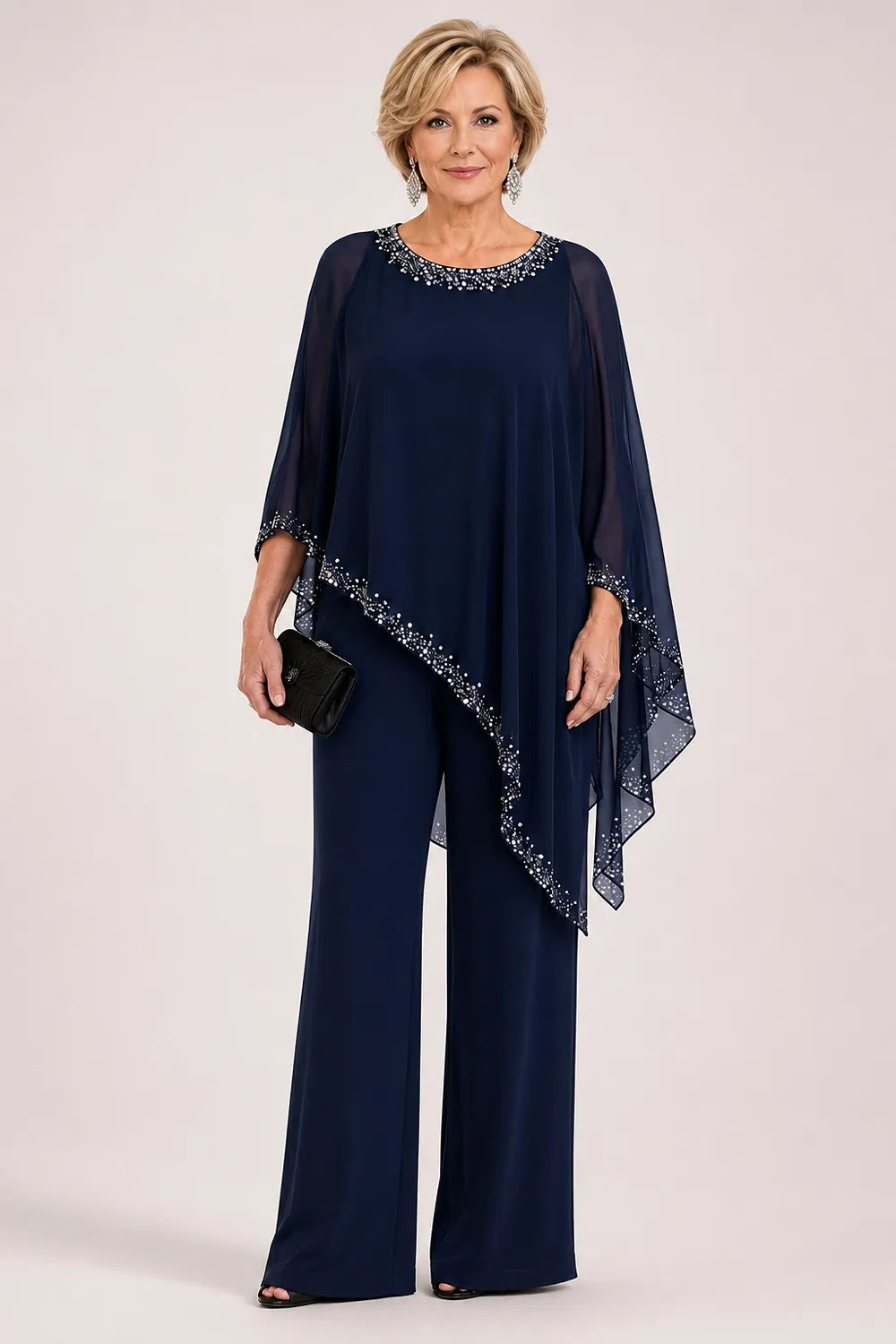 Ensemble pantalon large avec cape en mousseline perlée